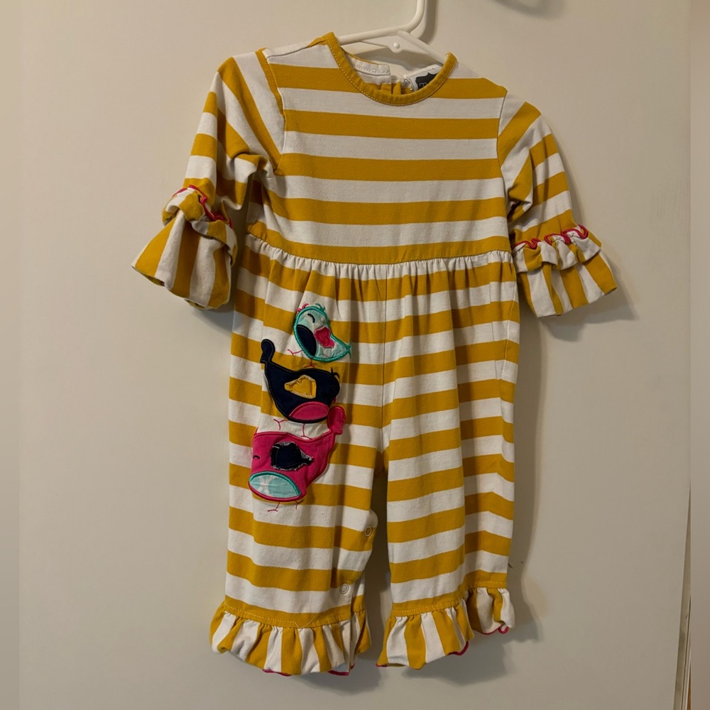 Striped Yellow and White Romper with Fish Appliqué